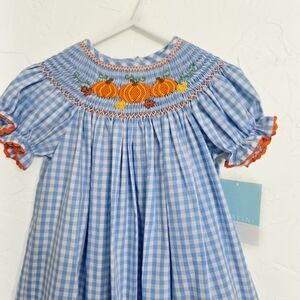 Anavini Girls Pink Gingham Smocked Christmas Trees Bishop Dress main image 1
